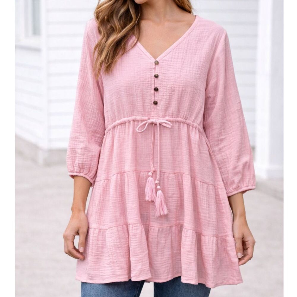 R Vivimos Pink Gauze Babydoll Tunic Dress Tassel Tiered Boho Small - Picture 2 of 8